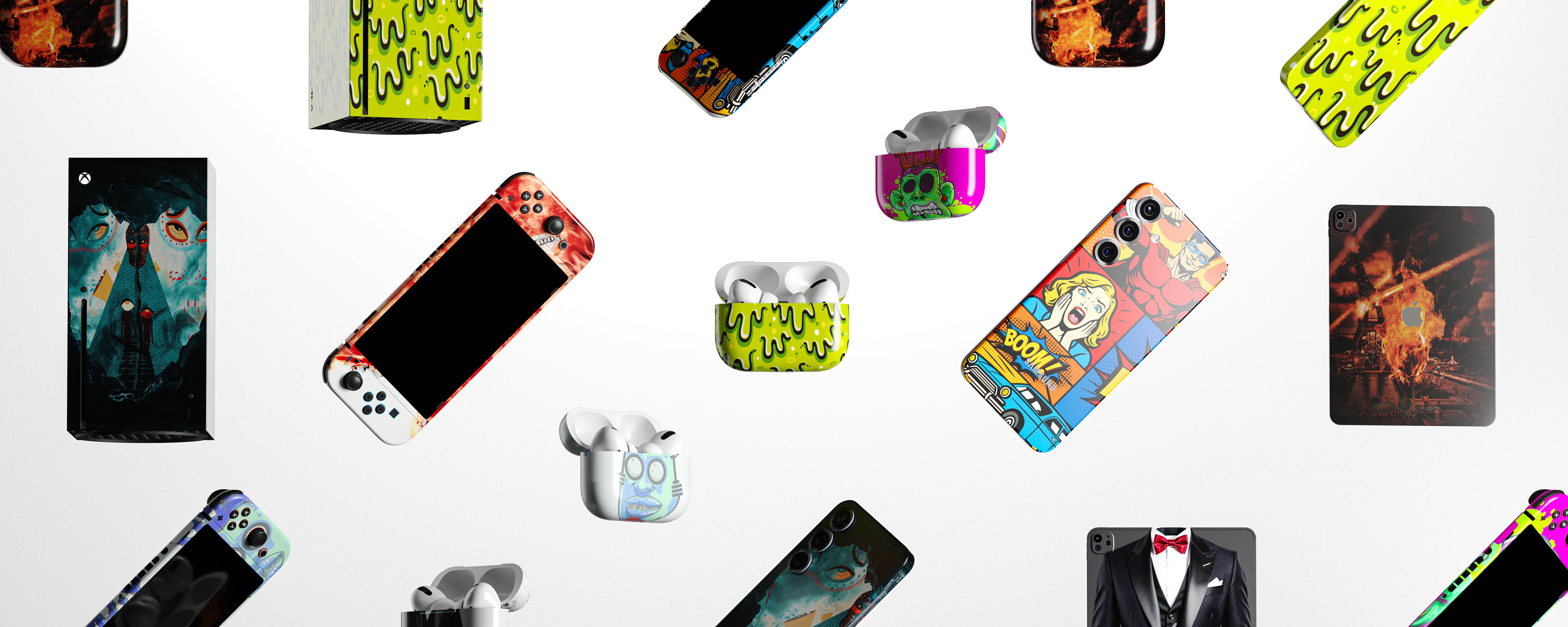Various colorful phone skin designs on a white background