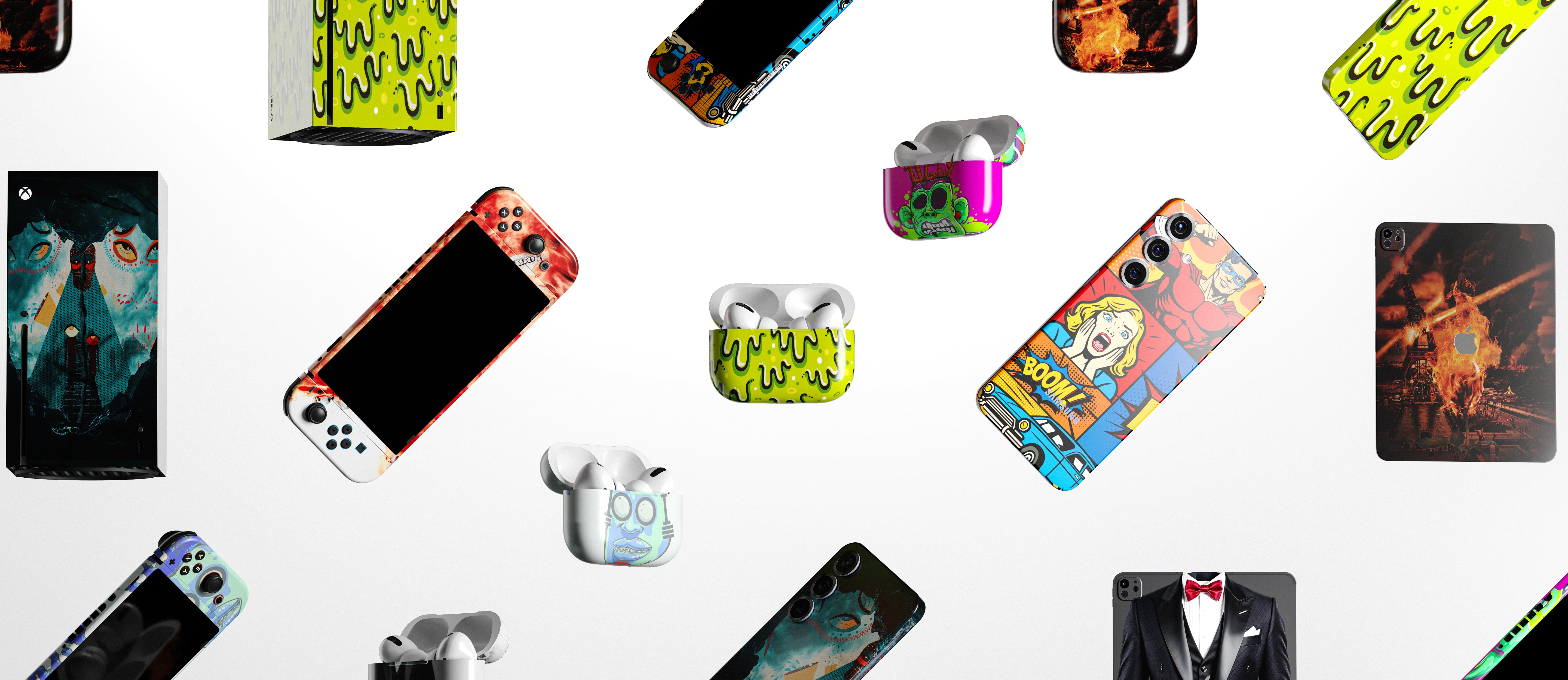 Various colorful phone skin designs on a white background