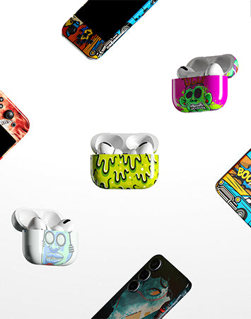 Various colorful phone skin designs on a white background